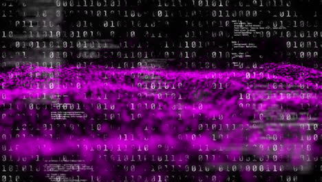 animation of binary coding processing over abstract mesh with pink spots floating and waving