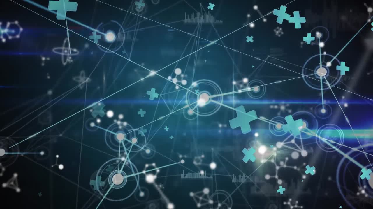 그래프 아이콘 위에 연결된 점들의 애니메이션, 그리고 배경에 있는 기호와 뉴클레오타이드