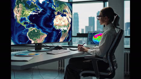 woman analyzing global data on computer