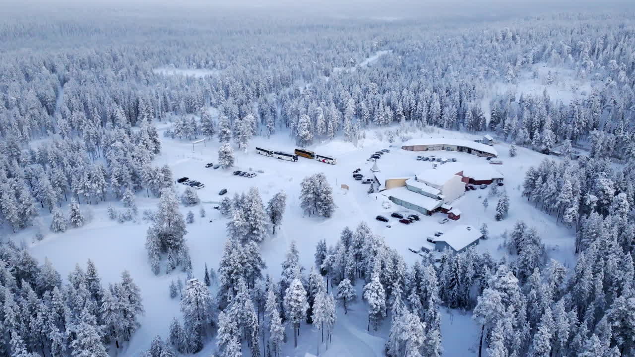 Aerial View of a Snowy Forest Lodge in Finland
