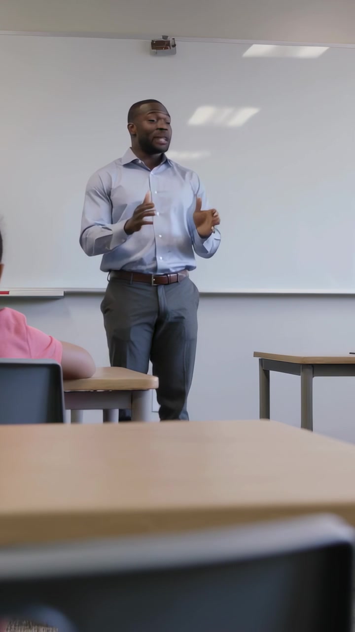Vertical video: Opening lesson teacher in blue shirt laughing, teaching, engaging class with board
