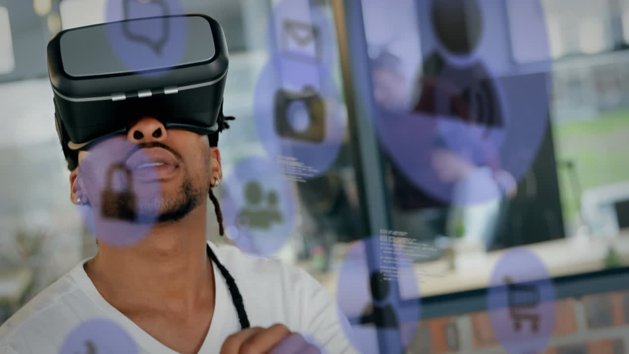 Animazione di una rete di connessioni sovrapposta a un uomo che usa un visore VR