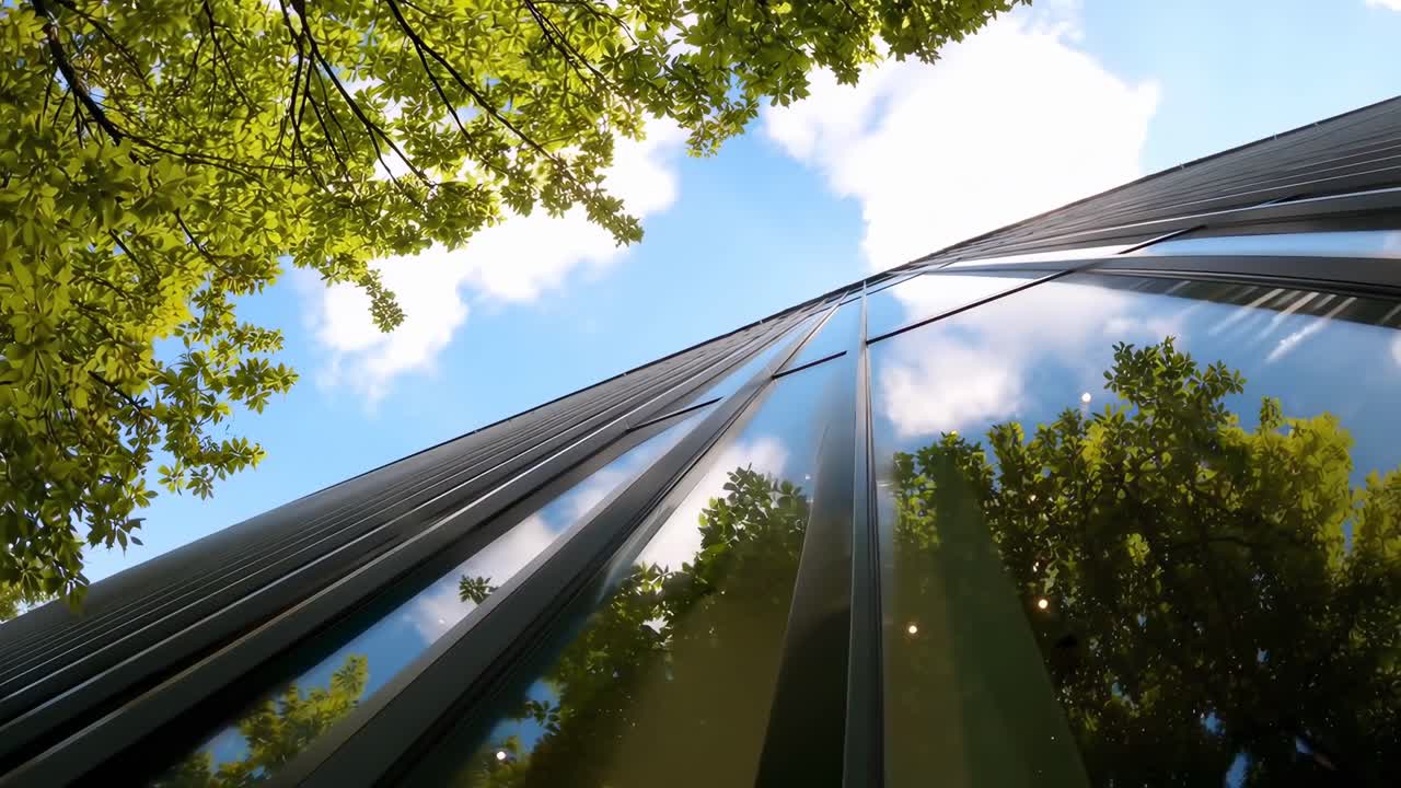 Upward angle of a glass building reflecting trees and sky, creating a serene video effect