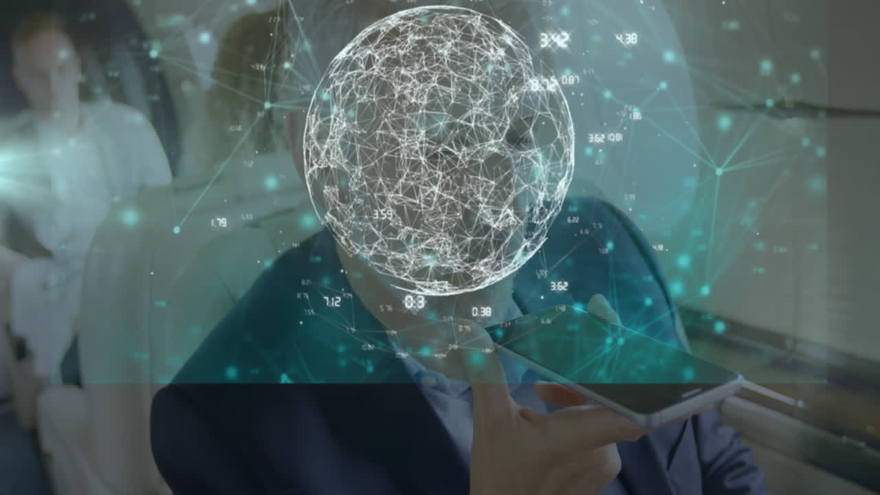 Business team collaborating in office, blending holographic graphs with smartphone data display