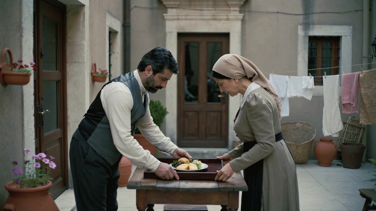 Entering courtyard carrying tray, couple wearing period clothing placing tray on table serving meal