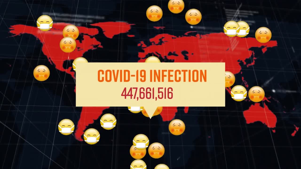 animación del procesamiento de datos de covid 19 sobre el mapa del mundo y múltiples emojis enfermos con máscaras faciales