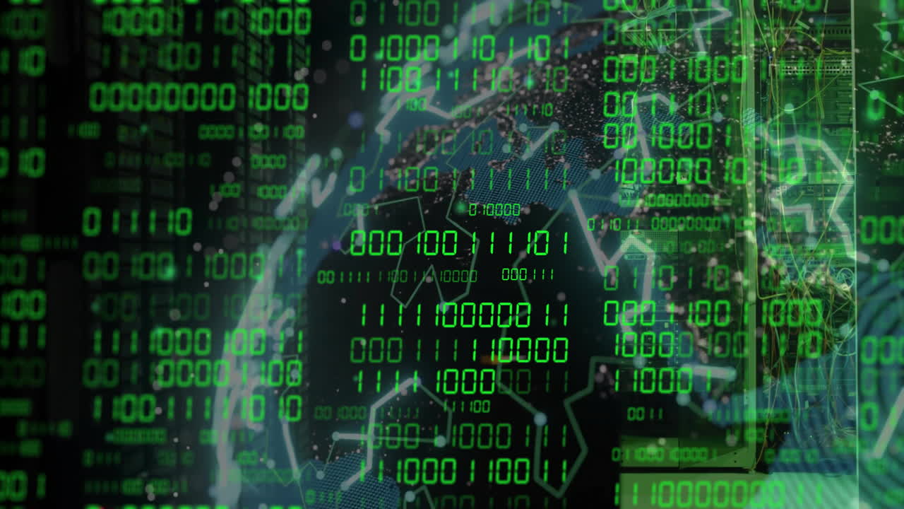 animación de procesamiento de datos binarios verdes a través de la red global en fondo oscuro