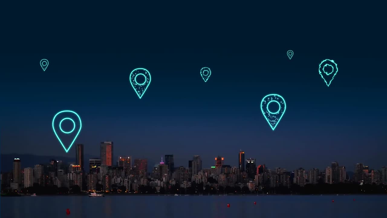animación de iconos de ubicación digital que vuelan sobre el paisaje urbano