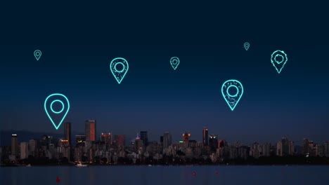 Animation-of-digital-location-icons-flying-over-cityscape