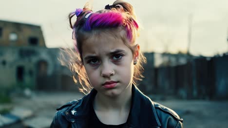 portrait of a young rebellious girl in a ruined building