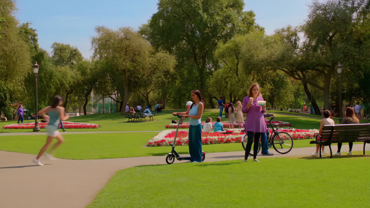 People enjoying various activities in a vibrant public park