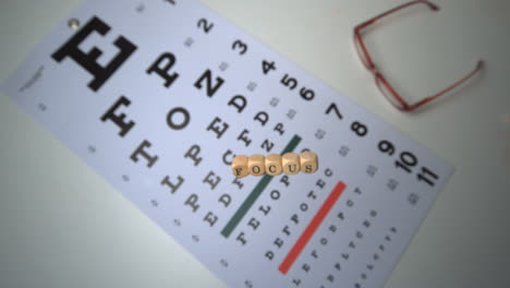 Dice-spelling-out-focus-falling-onto-eye-test-beside-glasses