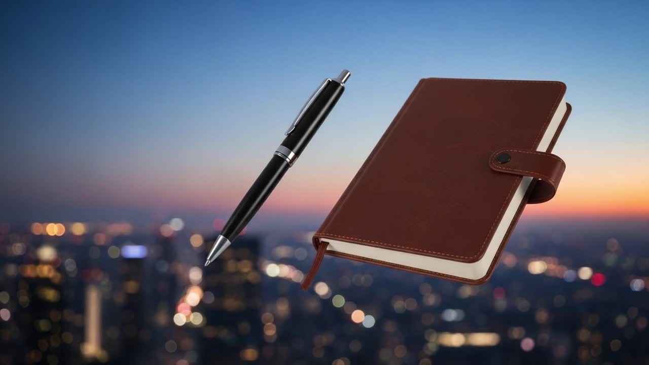 A Stunning Evening View Featuring a Brown Notebook and Elegant Pen Against a Beautiful City Skyline at Dusk, Inviting Thoughts and Creativity to Flow Freely
