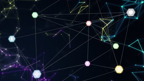 animación de una red de conexiones con iconos digitales flotando sobre figuras geométricas