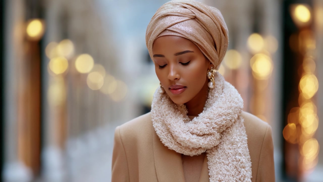 Un ritratto accattivante di eleganza e serenità: una donna con una bellissima sciarpa e un foulard, profondamente contemplativa in un ambiente illuminato calorosamente.