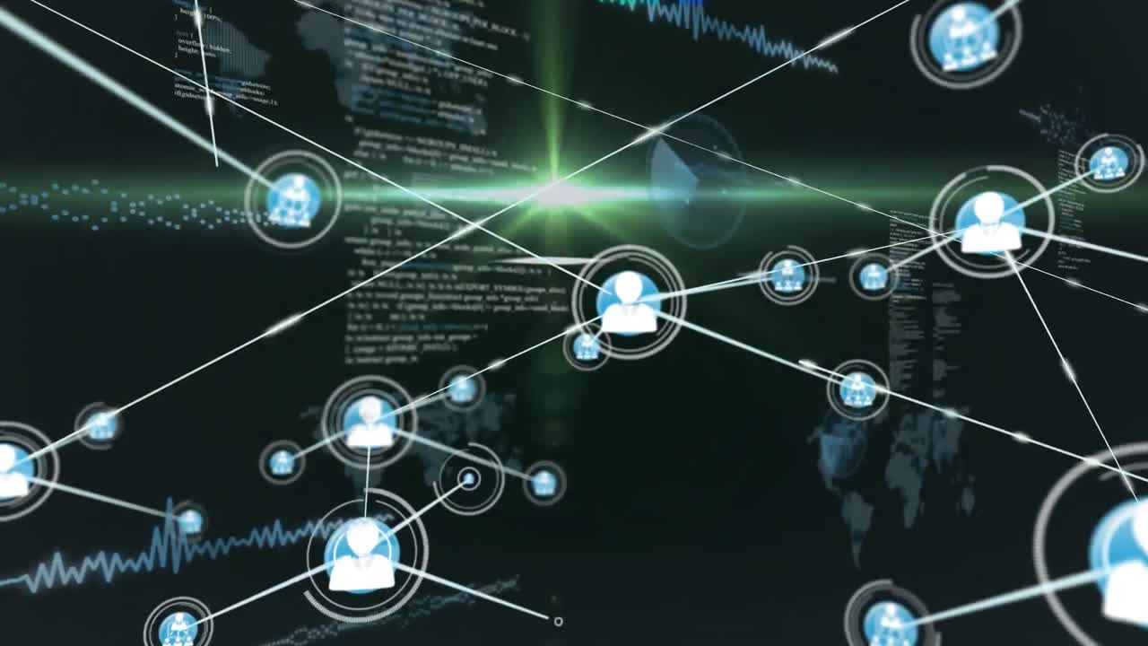 Animation of network of connections with icons over data processing on black background