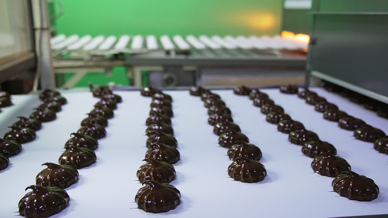 Marshmallows coated in black chocolate on the conveyor belt. The conveyor with white zephyr candies at the background in blur.