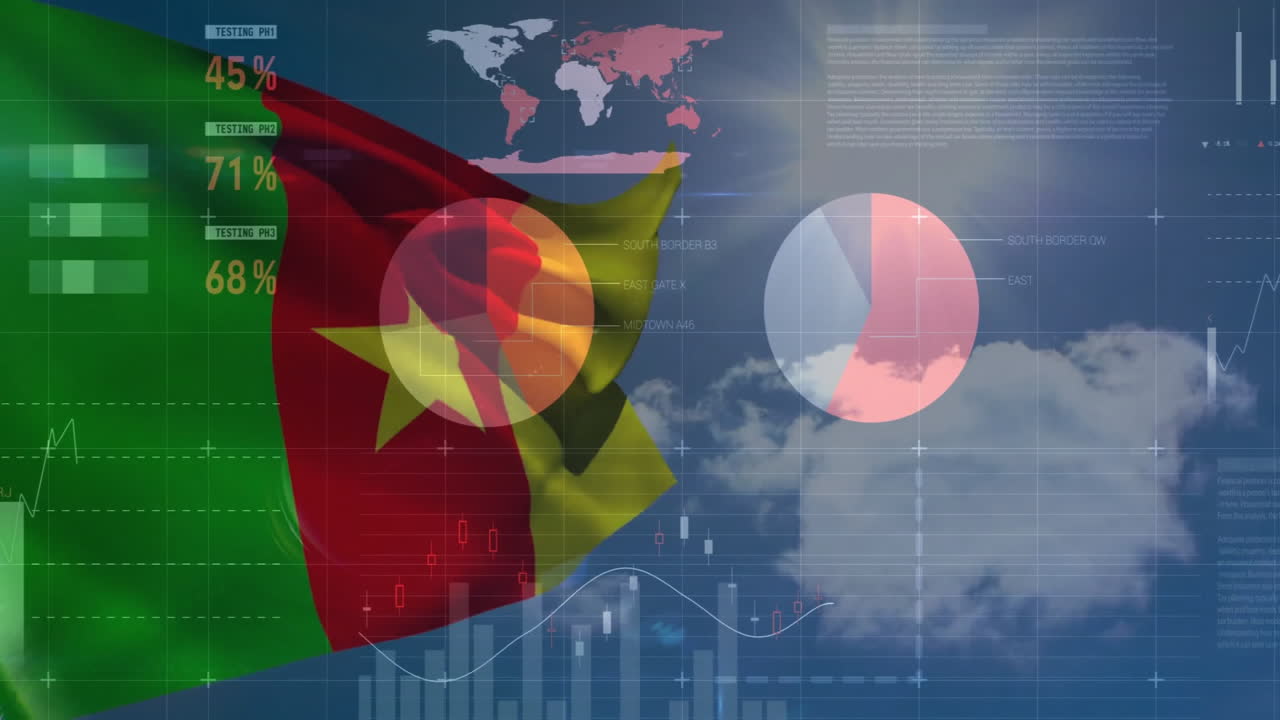 Waving Cameroon flag with animation over global financial data in school setting