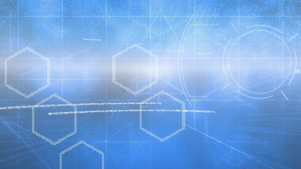 데이터 처리 및 파란색 배경에 둥근 스캐너와 육각형 모양에 대한 빛의 점