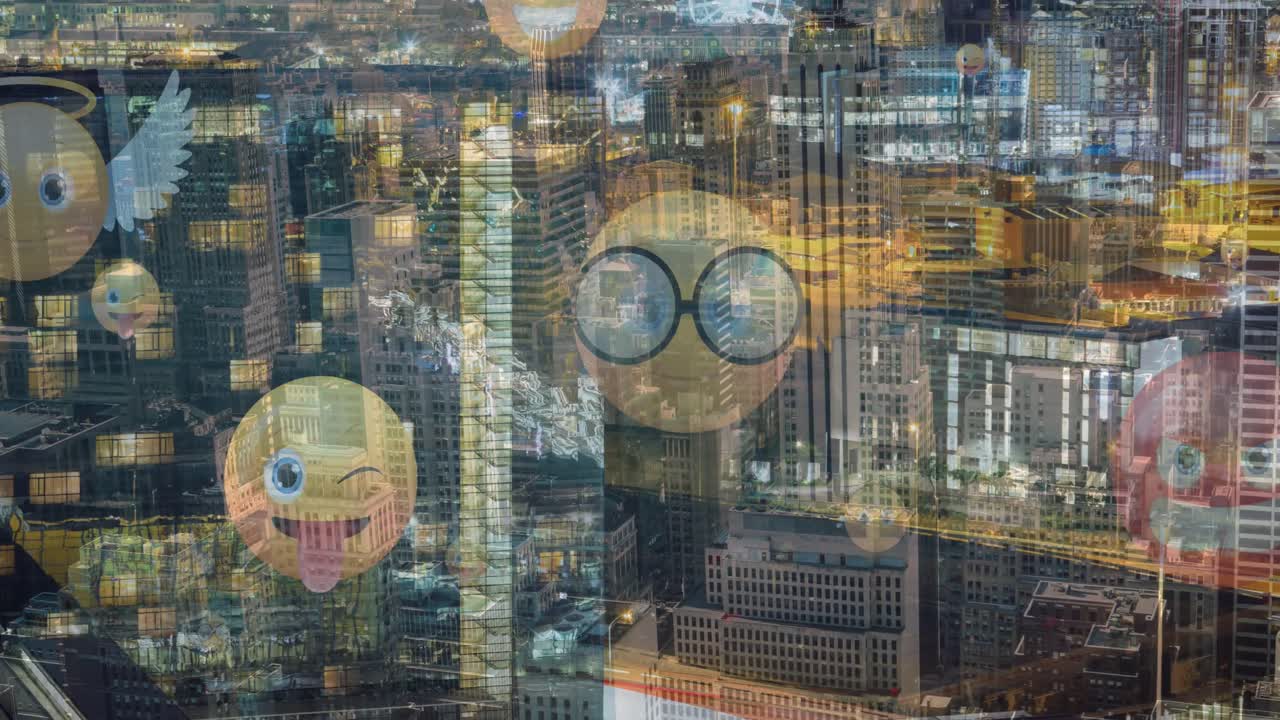 도시 풍경 위에 떠다니는 이모티콘의 애니메이션