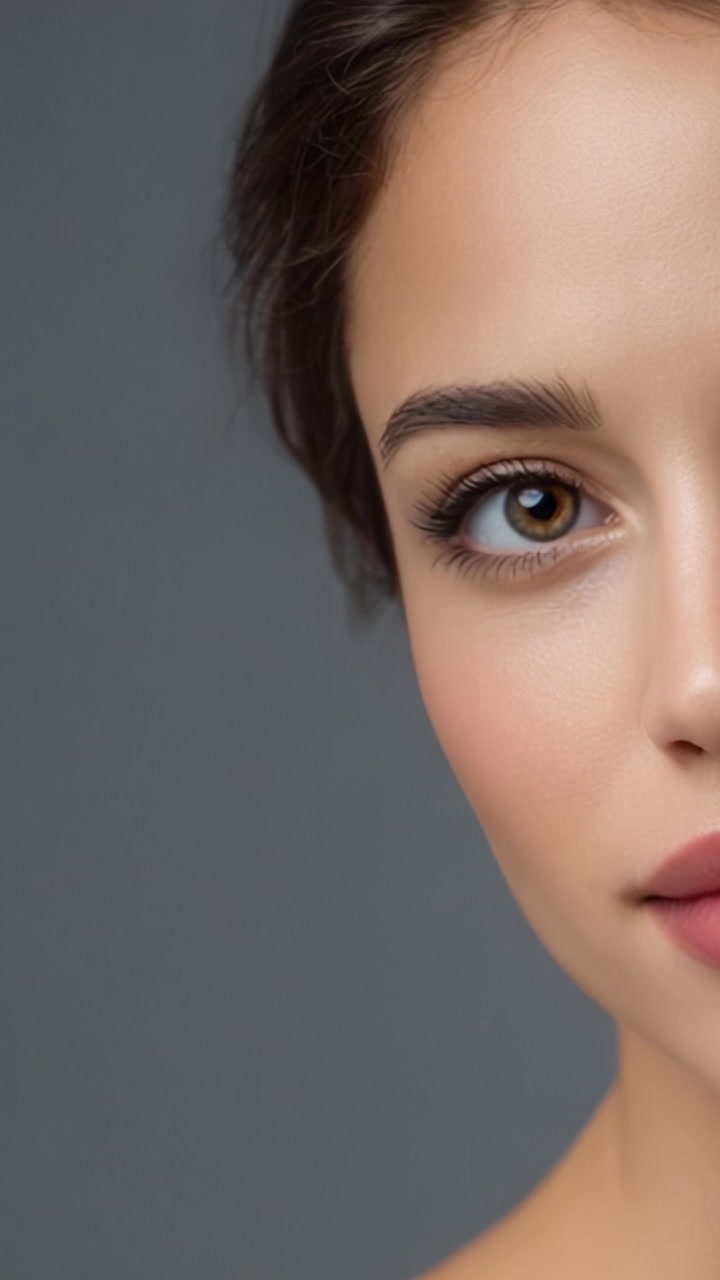 Close-up Portrait of a Young Woman's Face Highlighting Her Natural Beauty and Smooth Skin with Emphasis on Expressive Eyes and Subtle Makeup Features