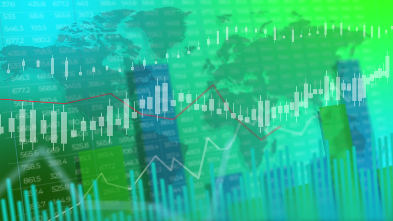 Digital financial chart of investment trends. Color stock 3D graphics with numbers and variable data. Looped background for business in blue and green colors.