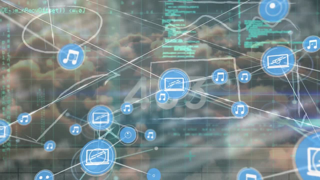 animación del procesamiento de datos e íconos sobre nubes