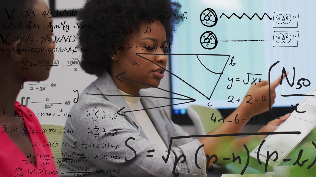 Animation of mathematical equations over diverse business people in office