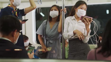 Crowd-of-people-wearing-face-mask-on-a-crowded-public-subway-train-travel