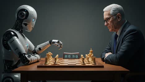 a tense chess match between human and robot: strategy unfolds as artificial intelligence faces off against a veteran player in a battle of wits