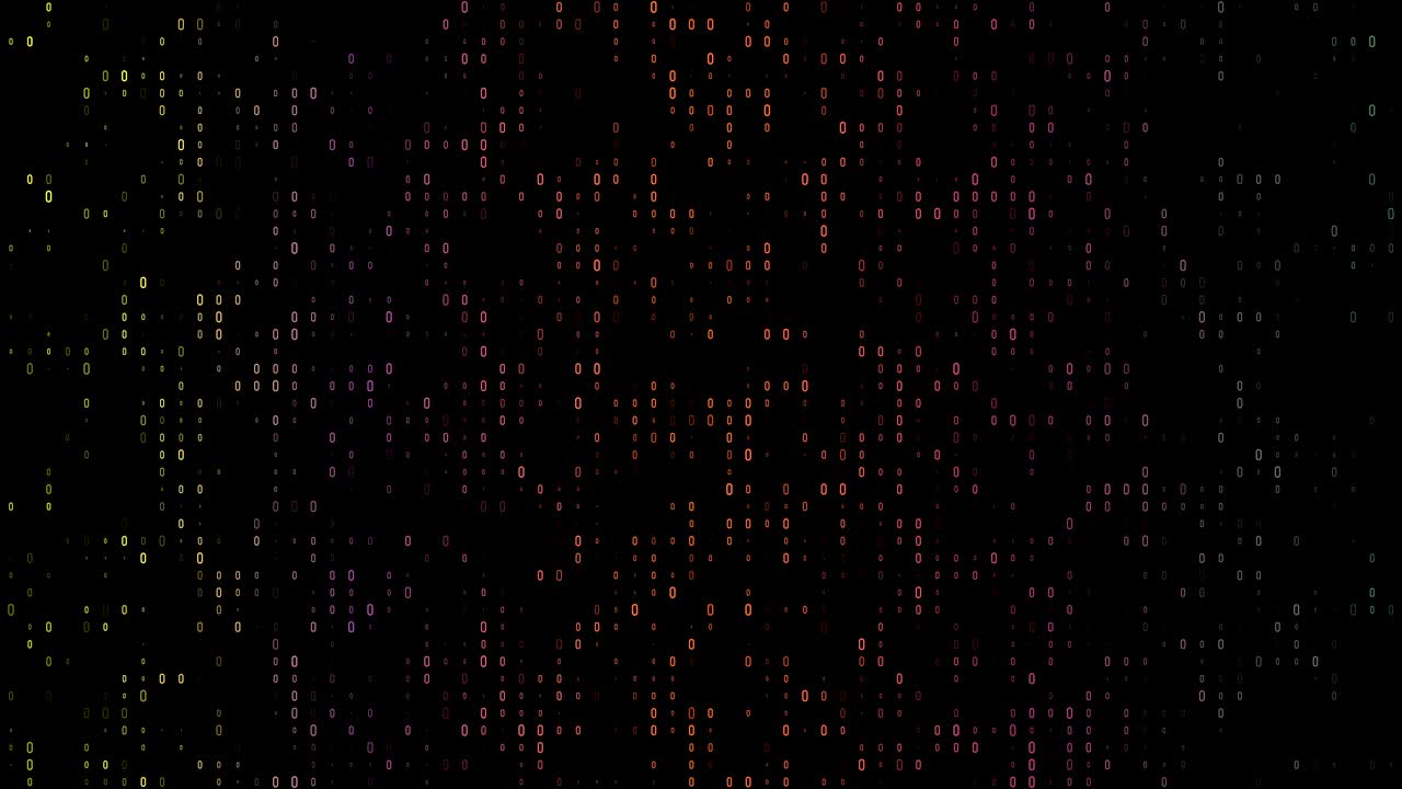 4k Gradient, colorful binary code with lots of the number zero glowing and fading out loopable background video on a black screen  for stock market and exchange, data, big data, business finance, communication, internet, virtual reality concepts