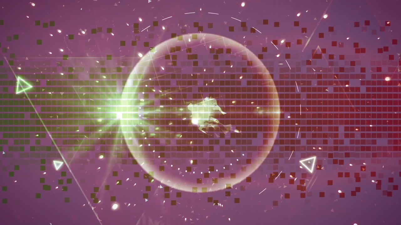 Animation of abstract geometric shapes forming digital network on purple background