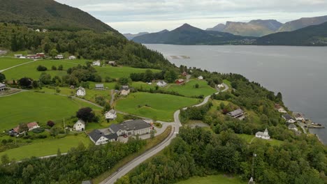 aerial over folkestad, norway. drone dolly forward shot