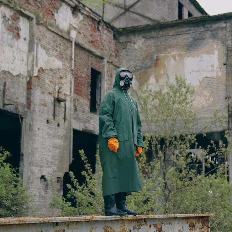Sopravvissuto in tuta protettiva chimica. Persona in zona infetta in piedi da sola sullo sfondo di un edificio vuoto e in rovina. Inquinamento atmosferico