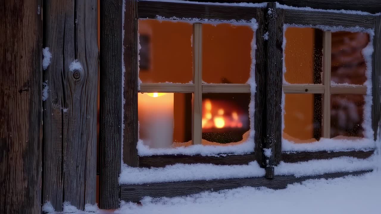 Candle and fireplace seen through snowy window of wooden cabin, creating cozy winter atmosphere