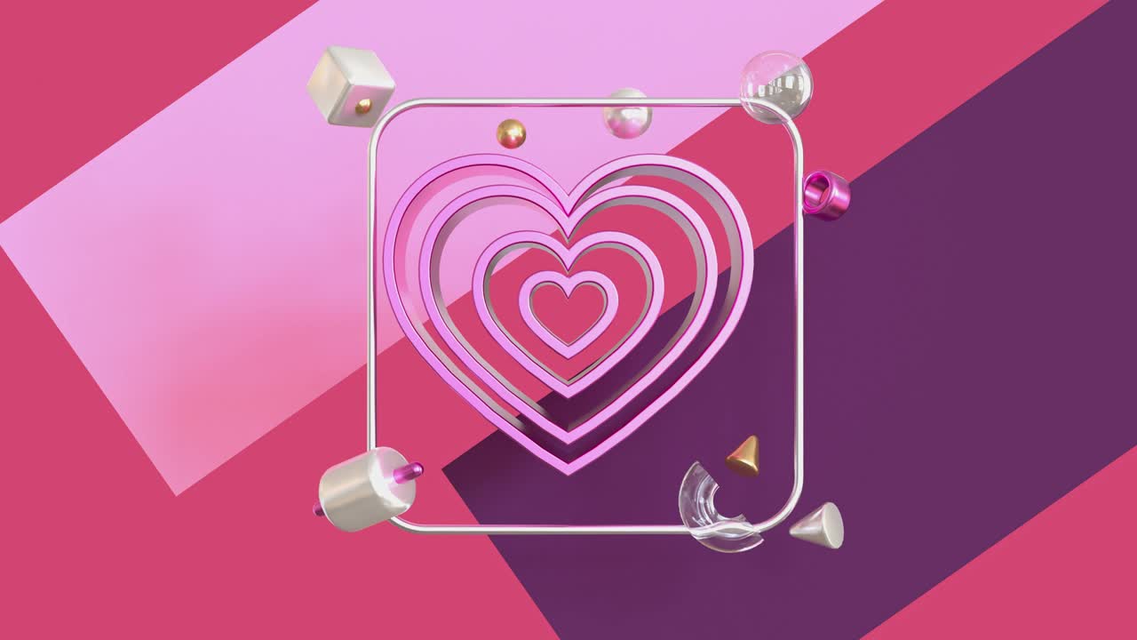 금속 반이는 기하학적 심장 모양의 떠다니는 3d 렌더링 모션 분홍색 배경