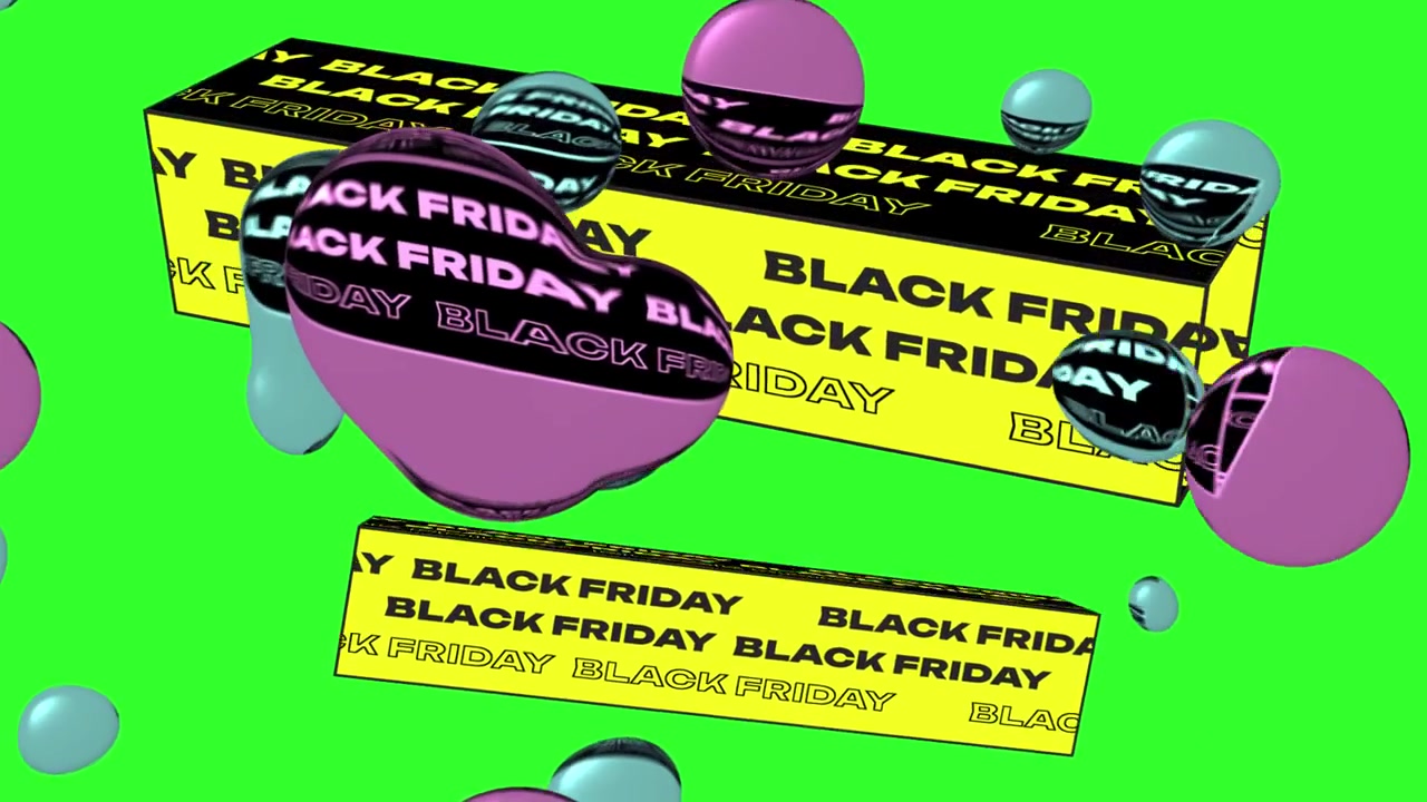 Saldi animati del Black Friday con forme 3D in caduta su schermo verde