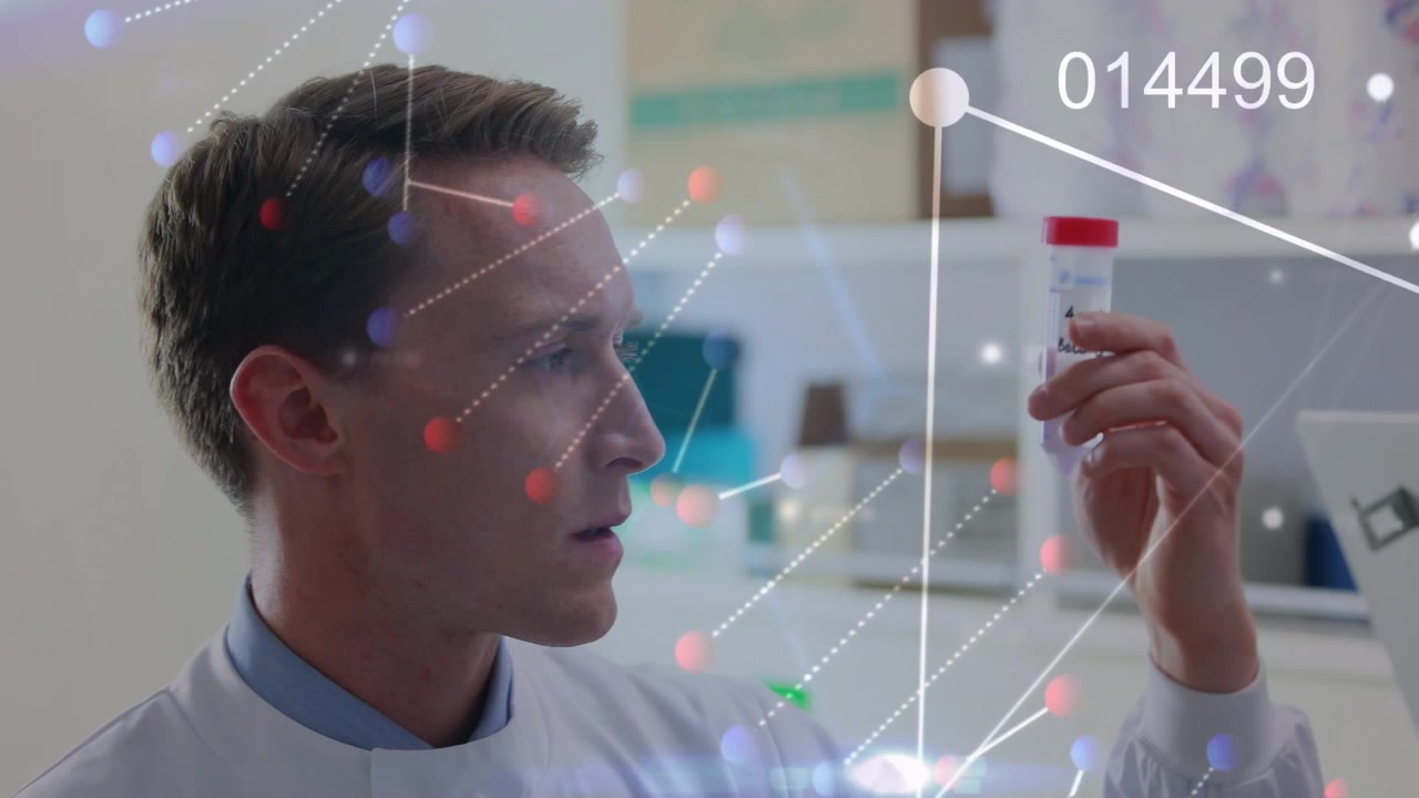 Animation of dna strand over caucasian male doctor with test tube