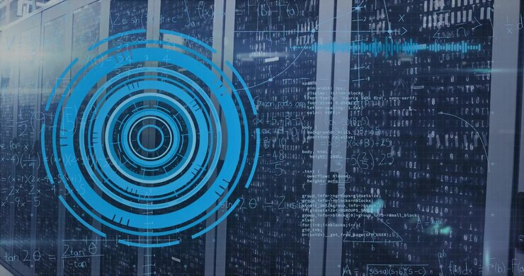 Animation of round scanner, mathematical equations and data processing against computer server room