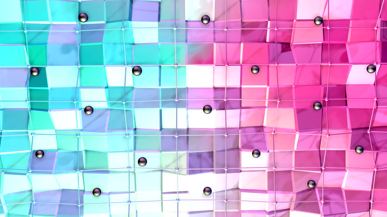 baja superficie poli 3d con cuadrícula o malla voladora y esferas negras como fondo de dibujos animados 3d. suave fondo poli bajo geométrico de polígonos rojos azules puros. fondo de bucle sin costuras 4k fullhd