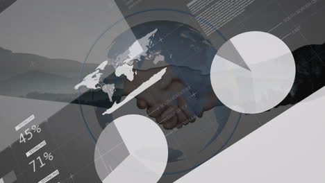 animation of graphs, globe and data over shaking hands