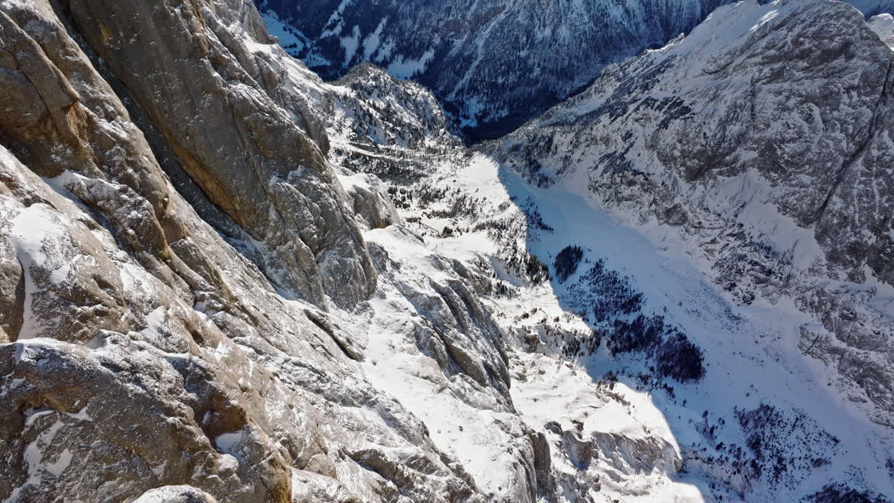 Aerial drone view of the Marmolada mountain in the Dolomites, northeastern Italy