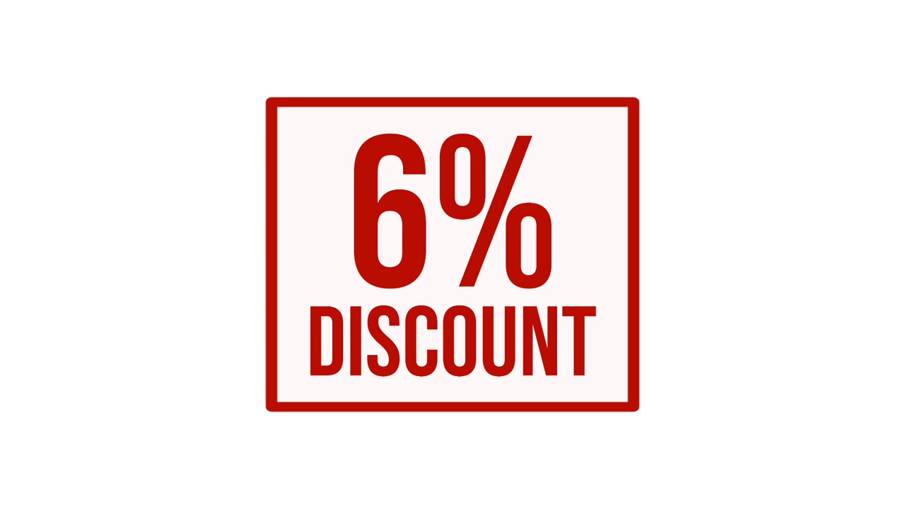 Animation 6% discount label motion graphic with bold red typography on white background, ideal for sales promotions, special offers, retail advertising, marketing campaigns, and e-commerce videos.