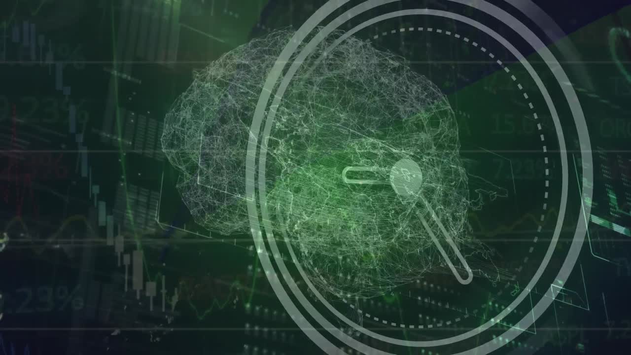 Animation of neon ticking clock and spinning human brain icon against interface with data processing