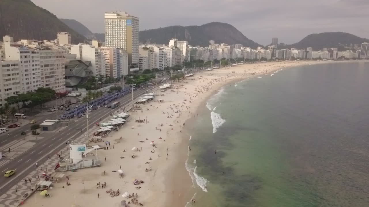 Right dolly drone shot of Copacabana beach in Rio De Janeiro, Brazil