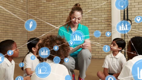 animation of network of icons over caucasian female coach instructing students during sports class