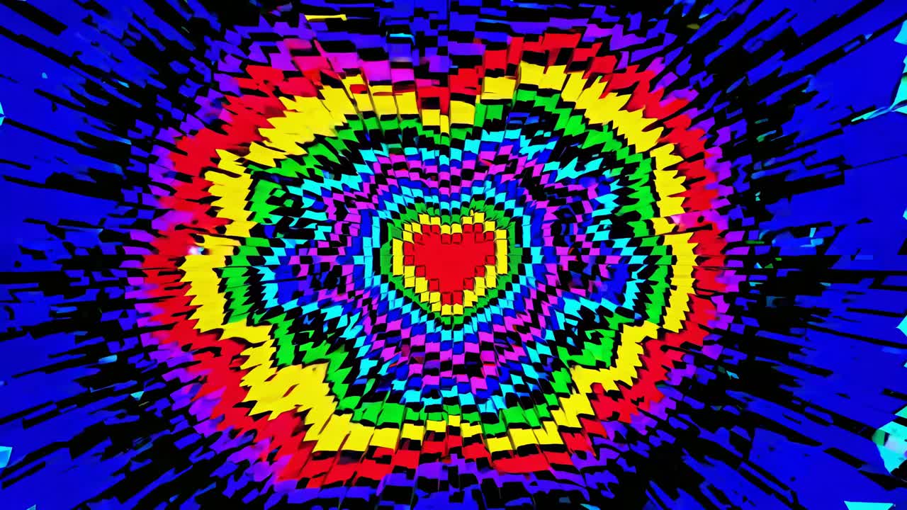 A vibrant, psychedelic video scene with a heart shape at the center