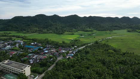 a stunning aerial view captures the edge of a village and surrounding rural landscape, with forested mountains in the distance, showcasing the beauty of nature and countryside