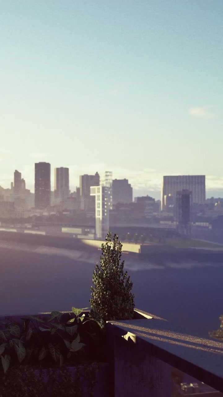 Vista do horizonte da cidade com edifícios e rio ao amanhecer