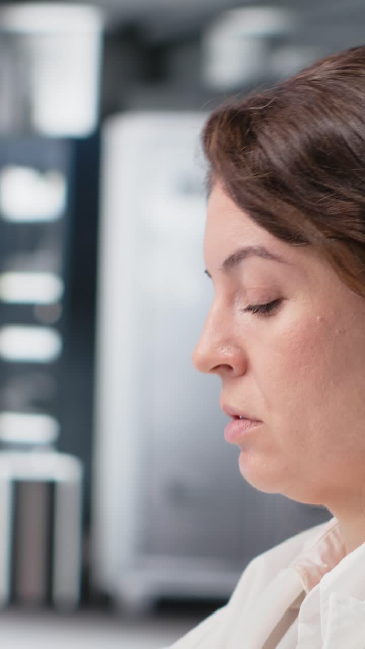 Vertical video Laboratory scientist brainstorming ideas at computer desk, rubbing pen on chin